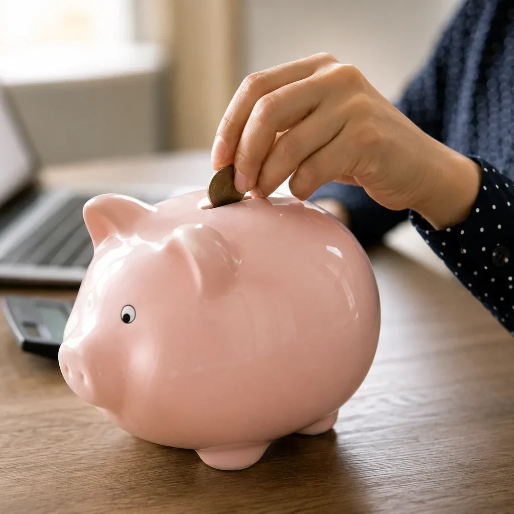 Personne déposant une pièce dans une tirelire, illustrant l'organisation d'une cagnotte pour financer un cadeau commun.