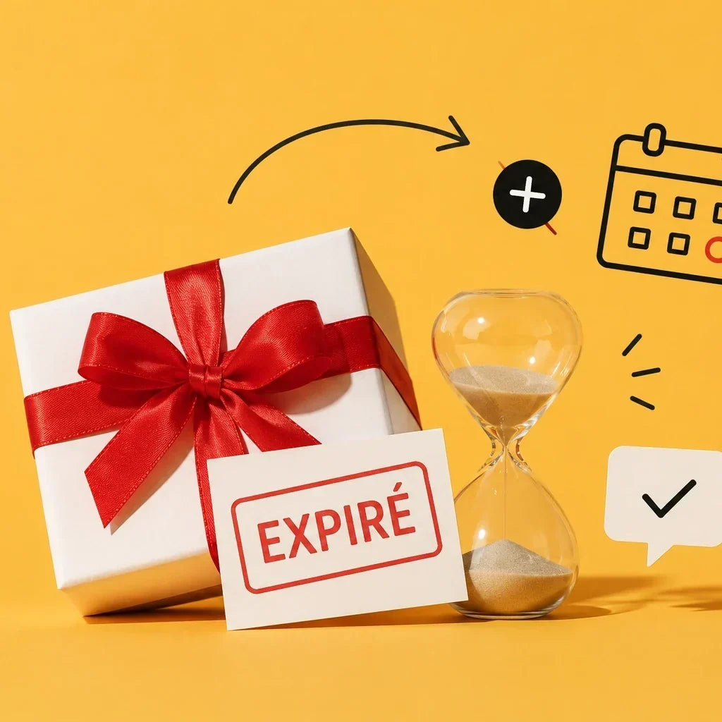 Coffret cadeau accompagné d'un sablier, d'un calendrier et d'un visuel « Expiré », illustrant les solutions pour prolonger ou utiliser un coffret cadeau après sa date de validité.