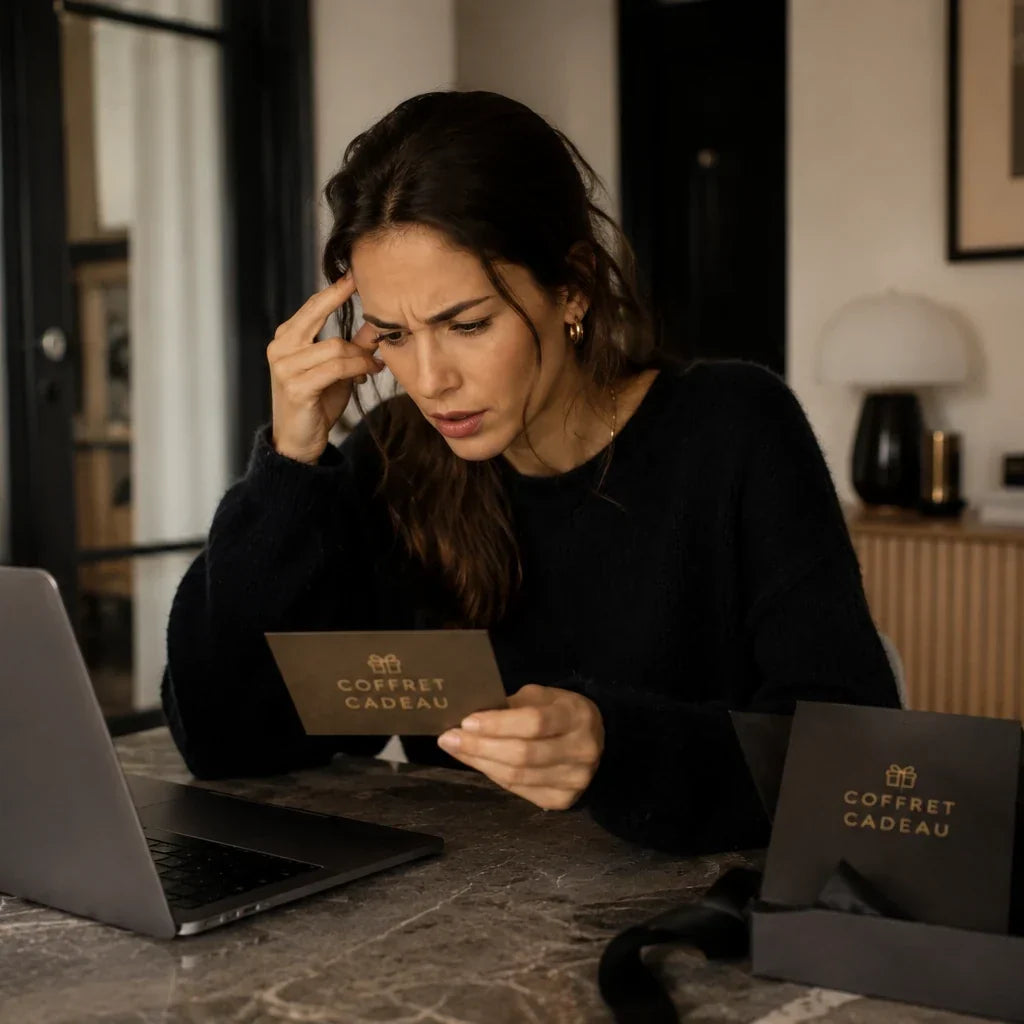 Personne consultant un coffret cadeau et son code devant un ordinateur, illustrant la recherche d'une solution en cas de coffret perdu ou de code introuvable.