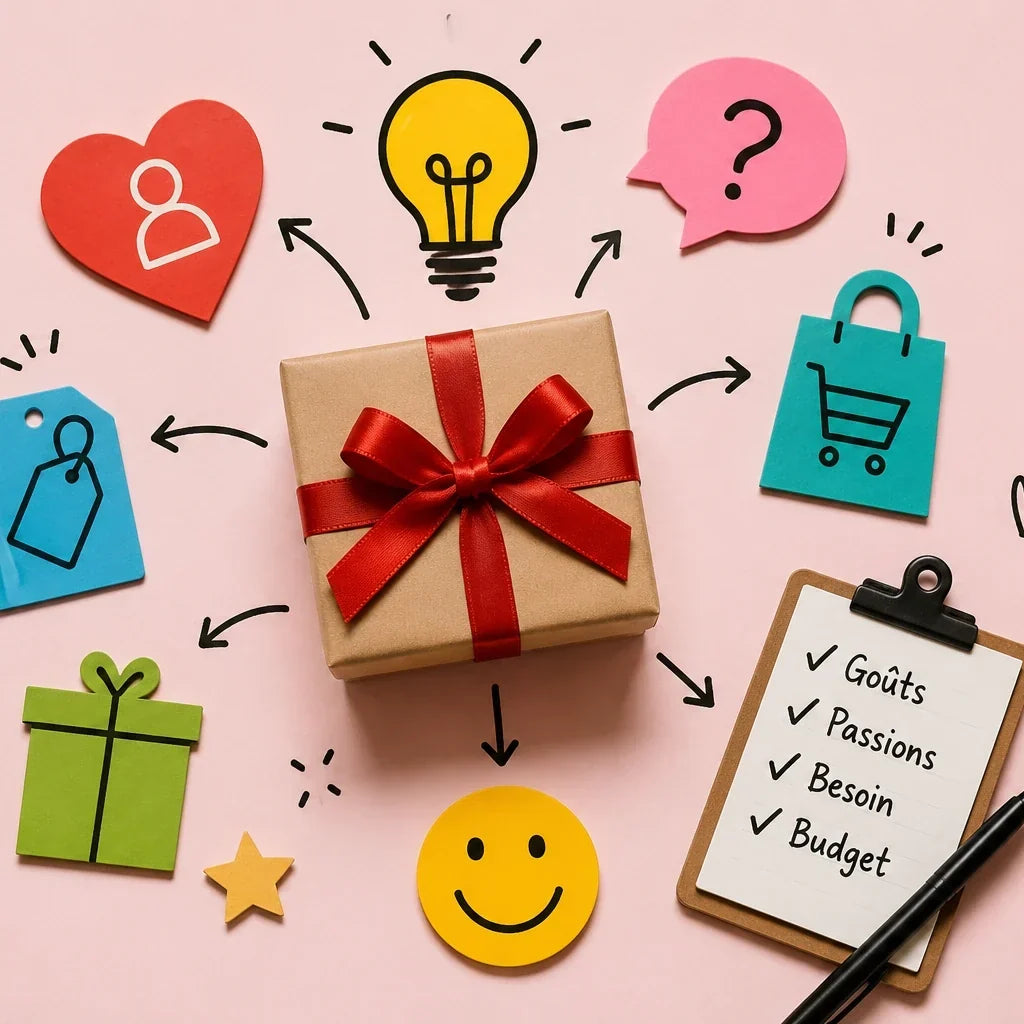 Illustration d'une méthode simple pour choisir un cadeau : un paquet cadeau au centre entouré d'icônes représentant les goûts, les passions, le budget, les idées et une liste de critères.