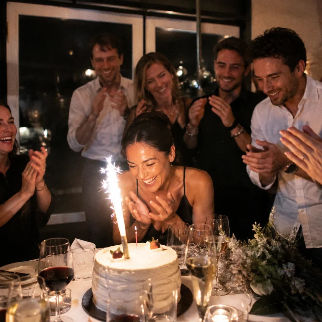 Groupe d'amis célébrant un anniversaire autour d'un gâteau, illustrant l'organisation d'un anniversaire original pour un adulte.