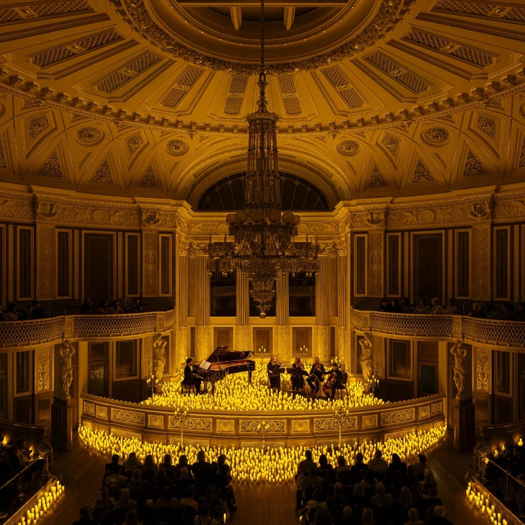 Salle de concert illuminée par des centaines de bougies lors d'un concert Candlelight, avec un quatuor à cordes se produisant devant le public.