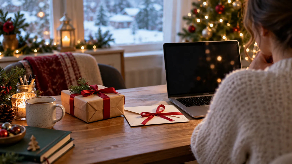Ordinateur et cadeau emballé sur un bureau décoré pour Noël