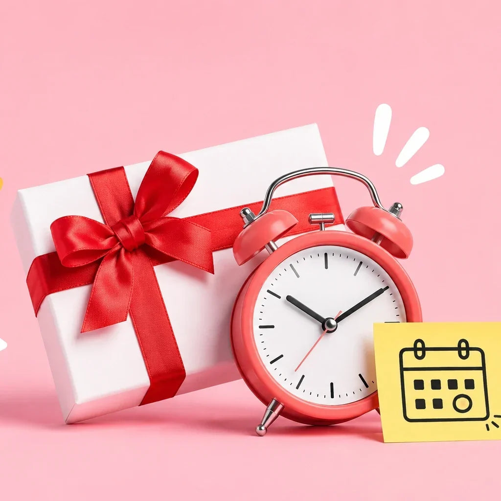 Coffret cadeau avec un réveil et une icône de calendrier, illustrant la durée de validité d'un coffret cadeau avant son expiration.