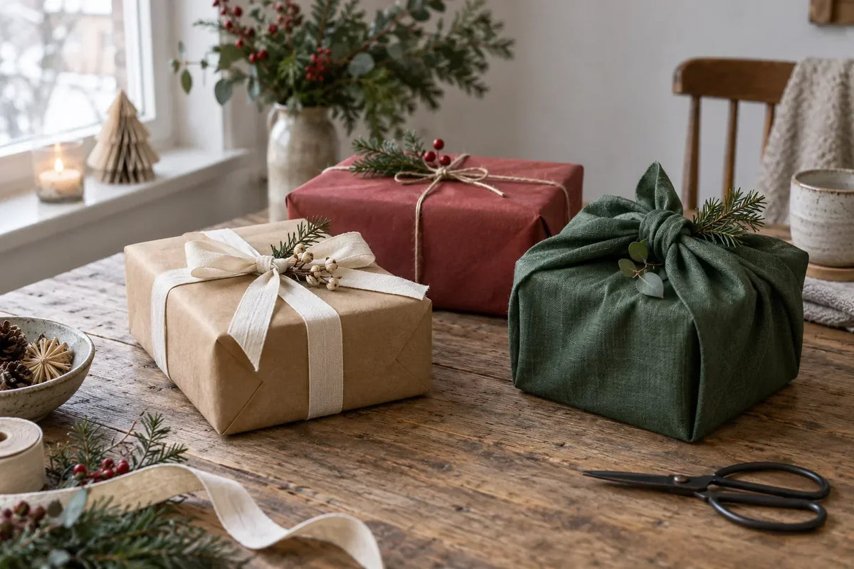 Cadeaux de Noël emballés avec du papier et du tissu