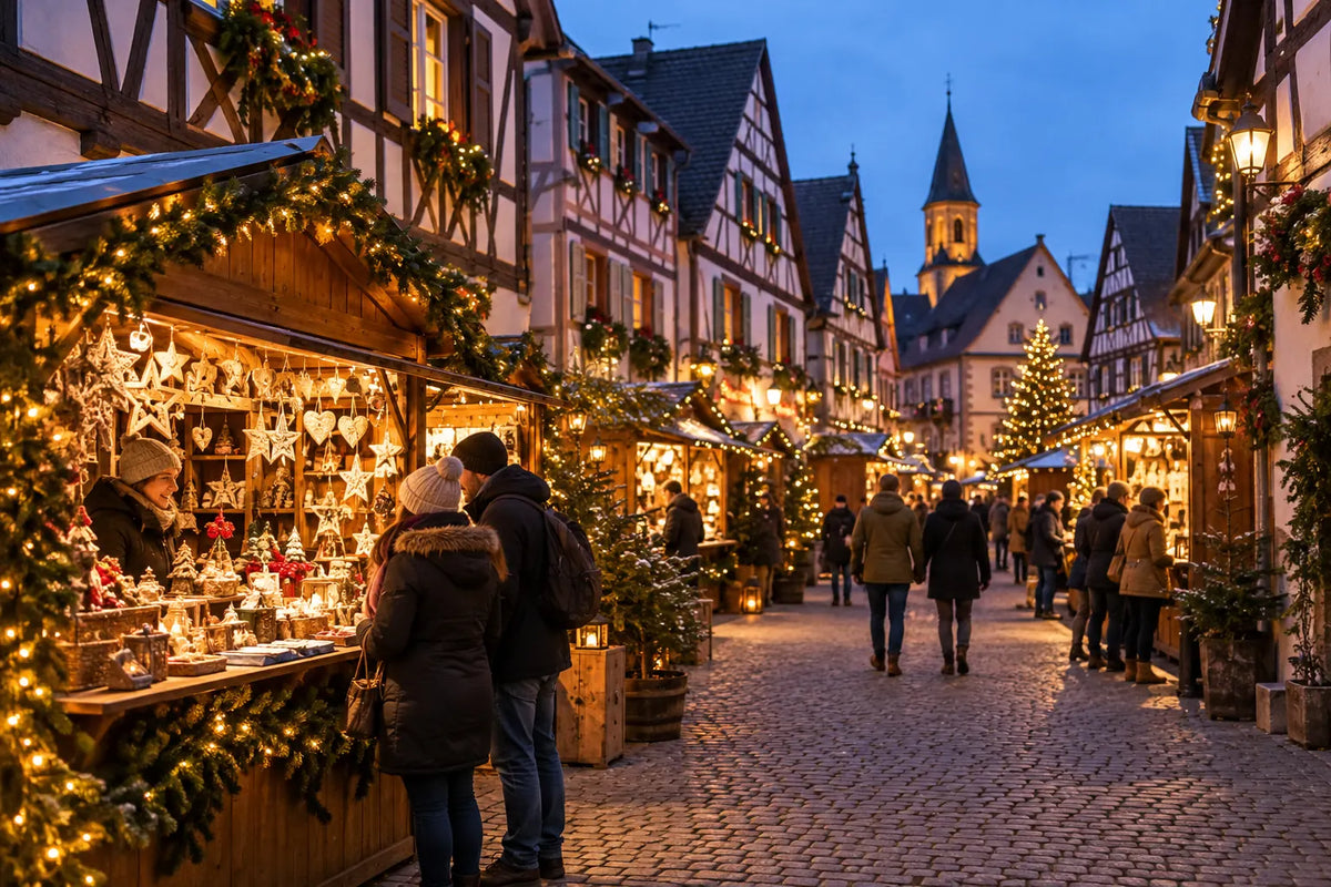 Marché de Noël dans une rue à colombages illuminée