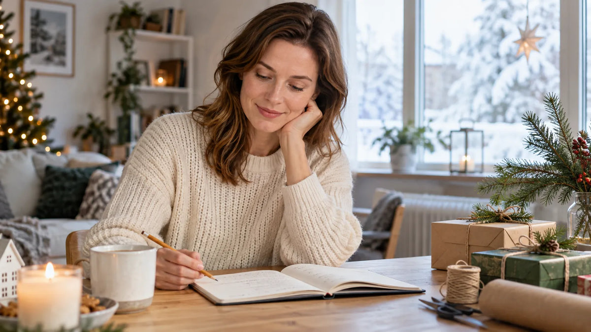 Une femme prépare sa liste de cadeaux de Noël dans un carnet.