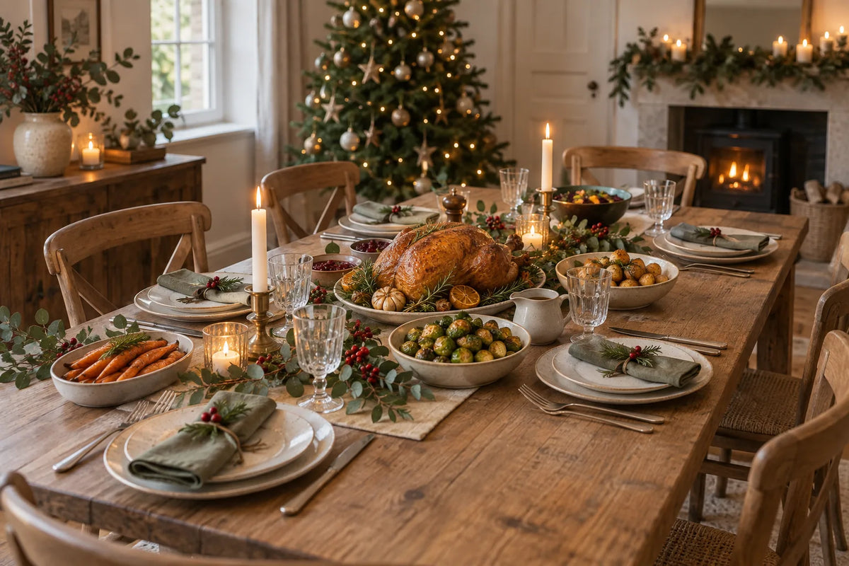 Table dressée pour un repas de Noël convivial