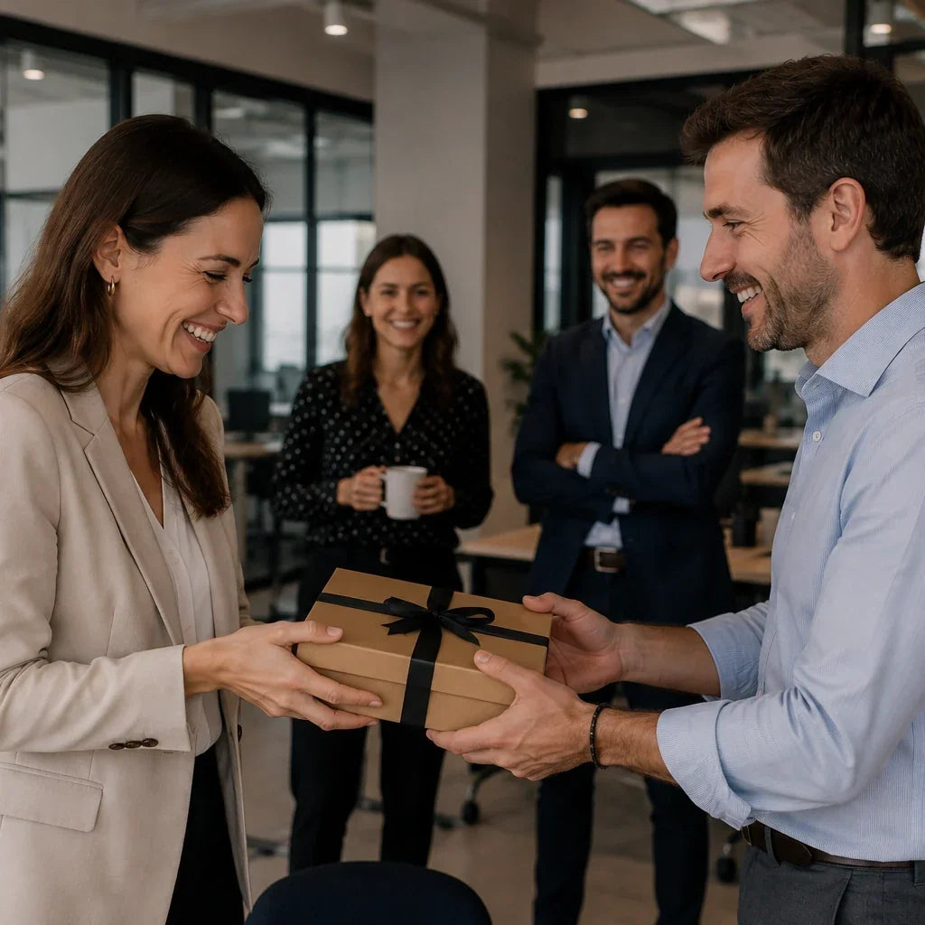 Remise d'un coffret cadeau entre collègues en entreprise, illustrant un cadeau de fin d'année pour des collaborateurs ou des clients.