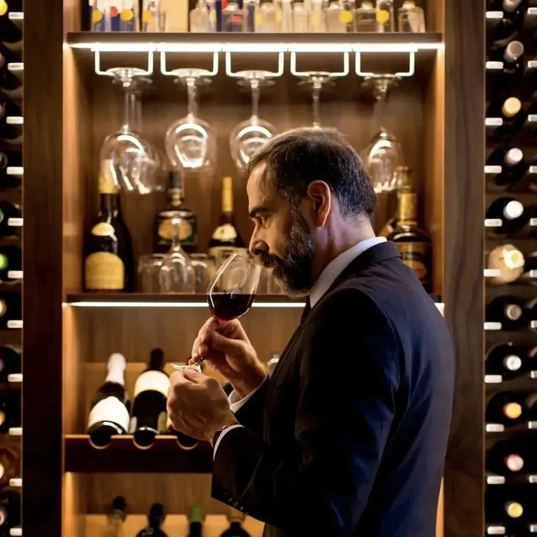 Un sommelier sentant du vin dans une cave